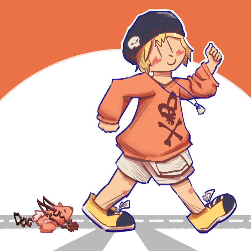 drawing of rhyme (black beanie with skull charm, blond short hair, oversized orange sweater with skull motif, bell necklace, beige shorts and yellow/black large sneakers) from the world ends with you, and also a small orange furry creature with gradient coloured lineart for limbs/tail. they are walking across a crosswalk-patterned background, and rhyme is smiling towards the camera.